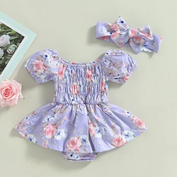 Copil nou-născut Fata 2 buc Tinuta de Vara Seturi Maneci Scurte Florale Imprimate Tutu Floral Romper cu Banda Arc 0-18 Luni