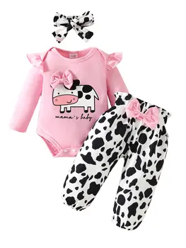 Drăguț și Confortabil Fetita de Imprimare de Vacă Tinuta Set cu Unduiri Maneci Lungi Vladan Pantaloni Harem și Bentiță - Perfect pentru Toamna si
