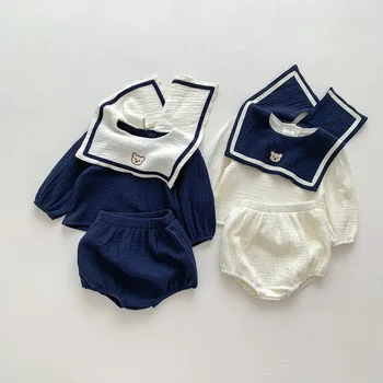 2 buc Băiețel Nou-născut Haine Bumbac Organic Marina Rever Stlye Camasa cu Maneca Lunga Top + Paine Pantaloni coreean Casual de Îmbrăcăminte pentru Copii
