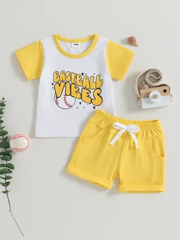 Adorabil 2-Bucata Tinuta de Vara pentru copii Baieti Maneca Scurta Baseball Print T-shirt și Elastic Talie pantaloni Scurți, cu Scrisoare