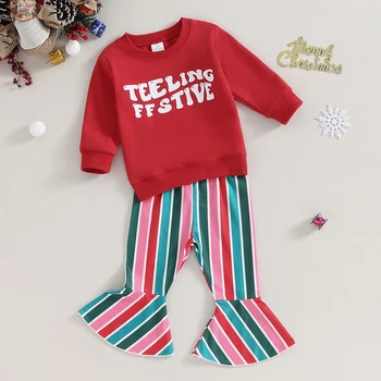 Copilul Fete Tinute de Toamna Scrisoare de Imprimare Echipajul Gât Jachete Carouri Bandă Santa Print Pantaloni Flare 2 buc Set de Haine de Crăciun