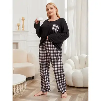 De mari dimensiuni femei îmbrăcăminte acasă set pijamale femei de toamnă și de iarnă cu mâneci lungi carouri en-gros pijamale pijama