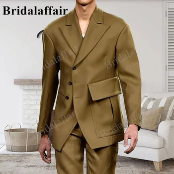 Bridalaffair Cămilă Design Inovator Costum Bărbați 2 Bucata Set Sacou Slim Fit Pantaloni Banchet de Nuntă de sex Masculin a Atins Rever Culoare Solidă