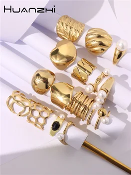 HUANZHI de Aur de Culoare Geometrice Inele Perle Tubulare Multi-strat Model Compact din Oțel Inoxidabil Nu se Estompeze Impermeabil Trendy Bijuterii