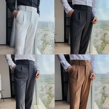Drept-picior Pantaloni Vintage cu Talie Înaltă Costum pentru Bărbați Pantaloni Slim Fit Stil Business Pantaloni cu Moale Respirabil Tesatura Clasic