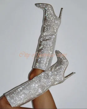 Cristal Impodobita Genunchi-Cizme Bling Bling Stras Subliniat Toe Stilet de Lux de Designer Toamna Noua de Pantofi pentru Femei