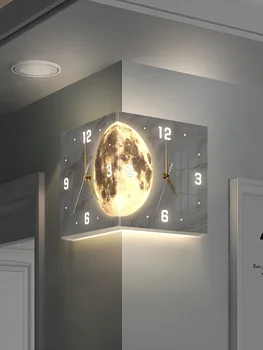 2023 viață nouă cameră dublă pe colț-verso luminos creative ceas de perete, lampa de Luna colț ceas de perete gaura-gratuit colț ceas