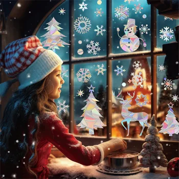 De Crăciun Fulg De Nea, Reni Fereastra Sticker Pom De Crăciun Om De Zăpadă Cu Laser Curcubeu Perete Decal Copiii 2024 Anul Nou Acasă Decorare