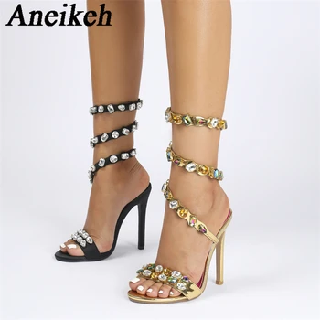 Aneikeh 2024 Strălucitor Colorate Stras Moderne Sandale de Moda pentru Femei Sexy din Piele de Brevet Open Toe Tocuri Subtiri de Mare Petrecere de Nunta