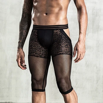 Bărbați Sexy Fishnet a se Vedea-prin intermediul ochiurilor de Plasă boxeri Convex Husă Erotic Shorts Open Fese Scurt Colanti Mulati Pantaloni Leopard
