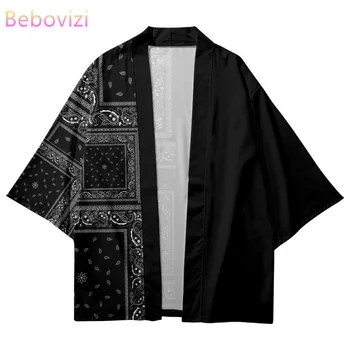 Japoneze Streetwear Mozaic Geometrice Imprimare Samurai Cardigan Chimono Tradițional Moda Femei Barbati Negru Haori Yukata