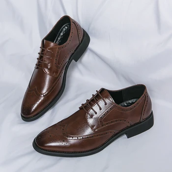 Bocanc Pantofi Barbati PU Toc Scăzut Culoare Solidă a Subliniat Gravate Dantela Sus Pantofi Derby de Afaceri Formale Pantofi pentru Bărbați de Mari Dimensiuni 38-46
