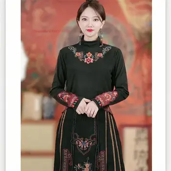 2024 chineză t-shirt național de broderie flori etnice fleece căptușit tricou chinezesc hanfu topuri oriental stand guler cămașă de bază