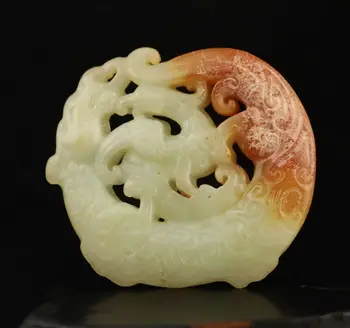 Vechi naturale de jad sculptat manual statuie de dragon și phoenix pandantiv