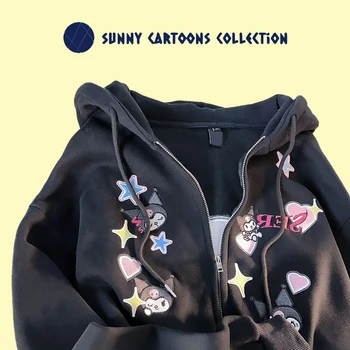 Sanrio Kuromi Y2K Zip Până Hoodies Estetice Desene animate Broderie Pulover Hanorac Femei Pluș Îngroșat Haina Adolescente Streetwear
