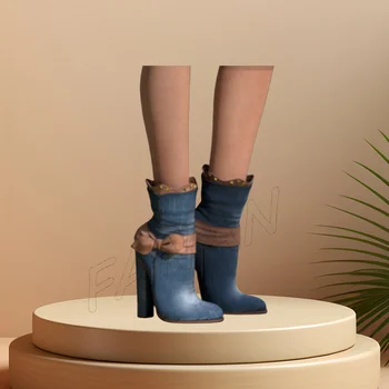 Albastru Denim Partea Bow Nod Cizme Alunece de pe Deget a Subliniat Tocuri cui cu Toc Înalt Pantofi pentru Femei Acoperi Cizme Tep 2023 Zapatos Para Mujere