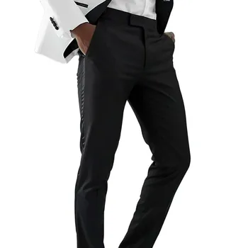 Negru Bărbați Pantaloni Cu Side Satin Stripe-O Singură Bucată Subțire Formală A Se Potrivi Seara De Nunta De Afaceri De Birou, Casual, Costume De Sex Masculin Pantaloni